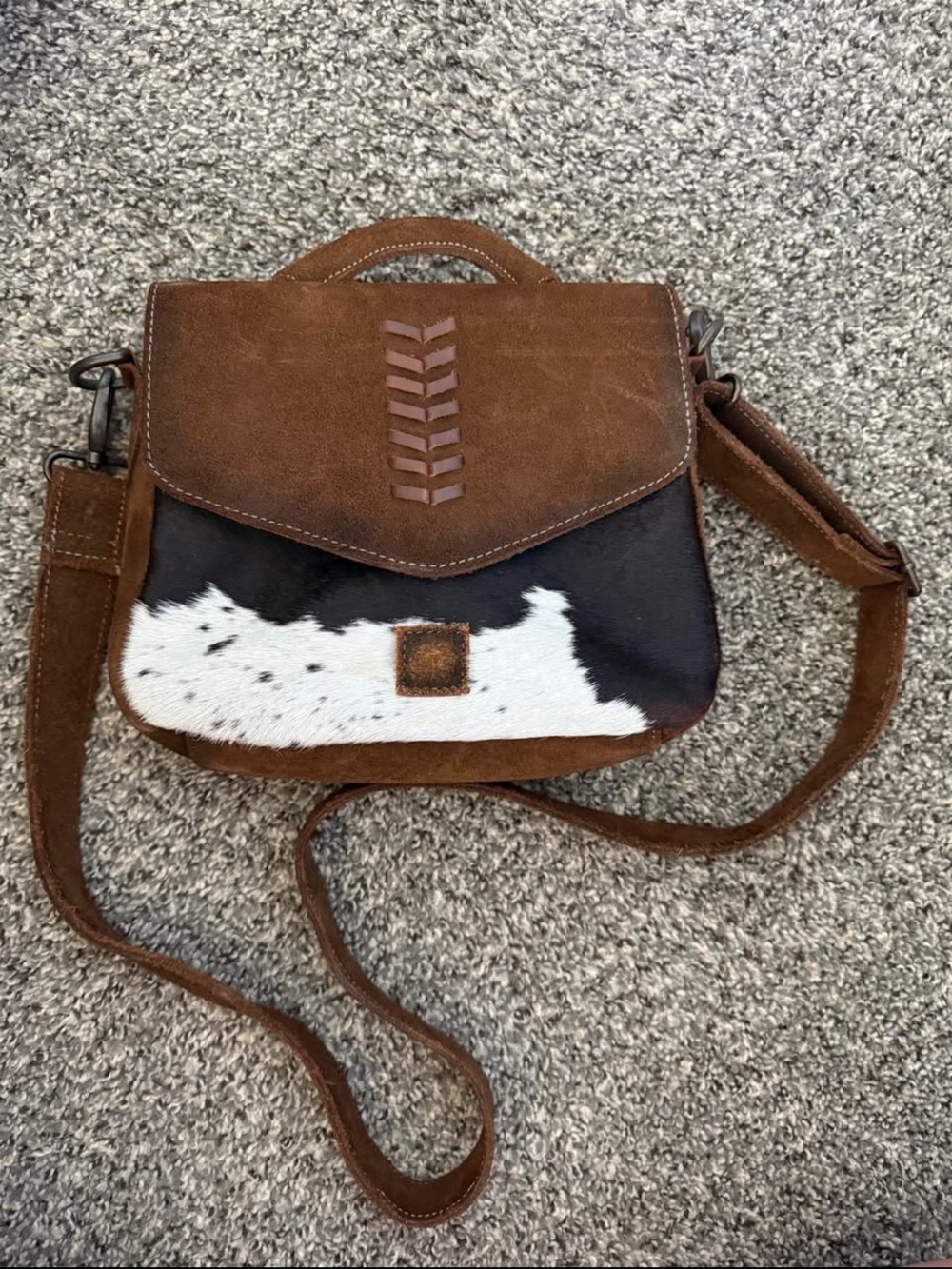 Brown Leather Crossbody Bag with Black & White Cowhide Accent